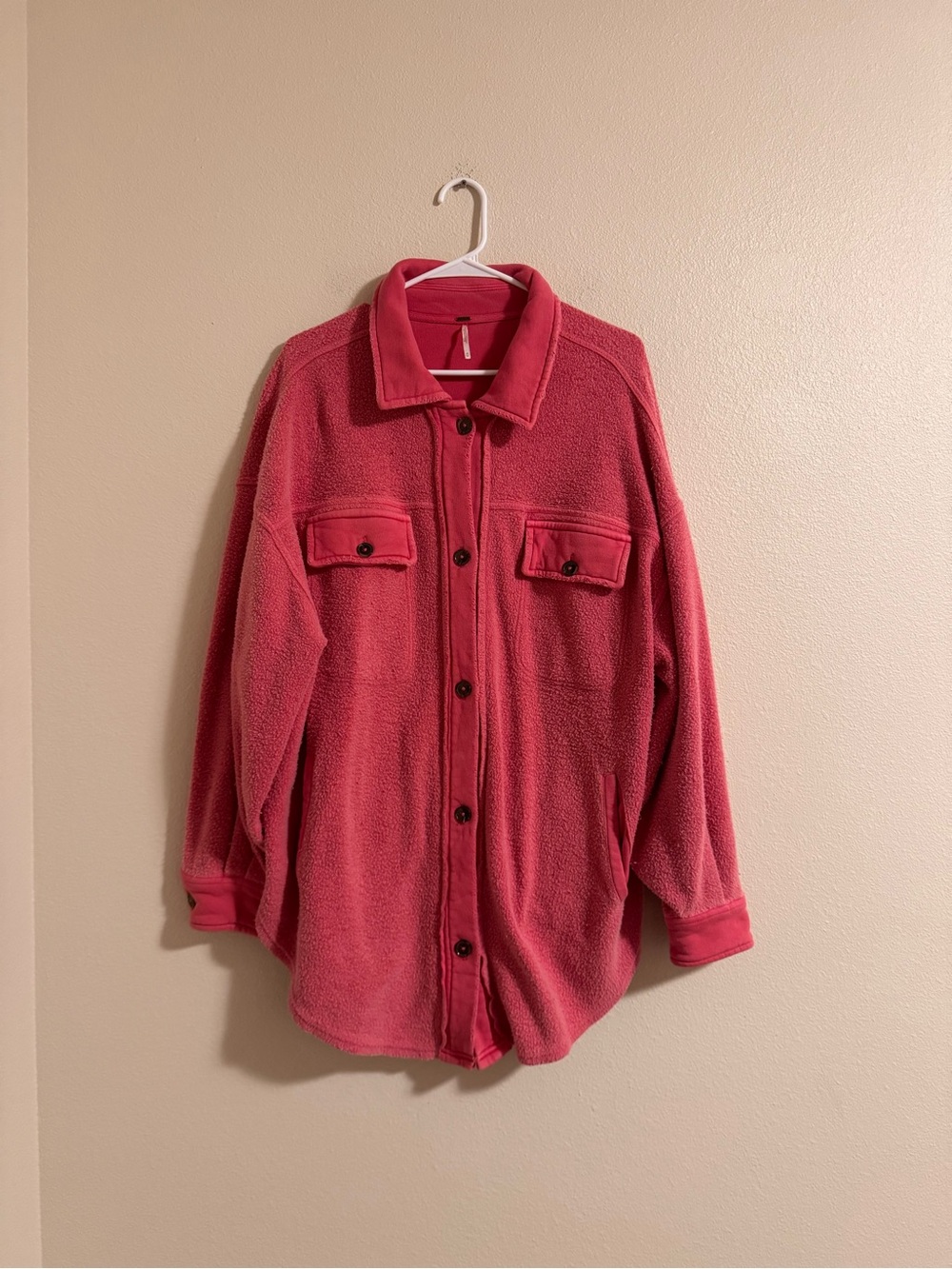 Free People Button-Front Teddy Jacket in Raspberry Pink